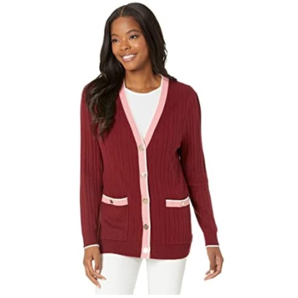 Draper James Cassadee Tipped Varsity V Neck Cardigan Sweater Burgundy Pink XS